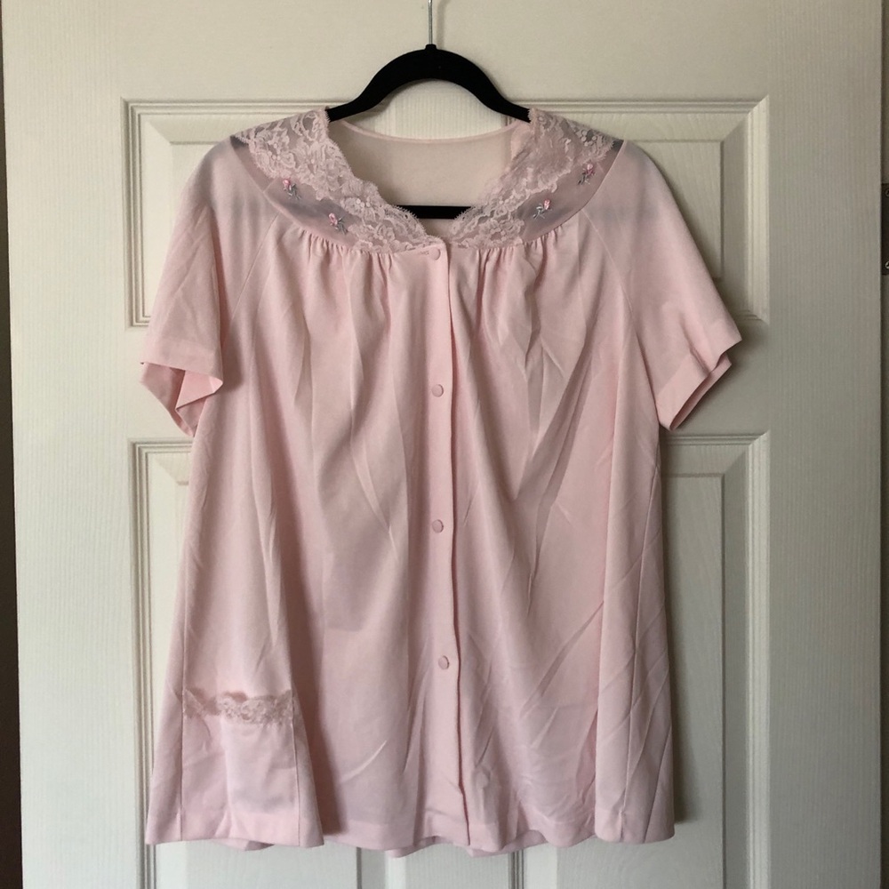 Vintage soft pink lace accent intimates button up blouse / top